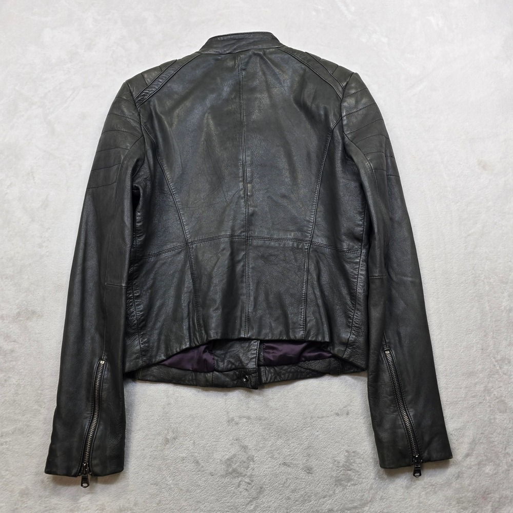 GAP Leather Moto Jacket Womens Medium Black Asymmetrical Zip Cafe Racer - Picture 3 of 16